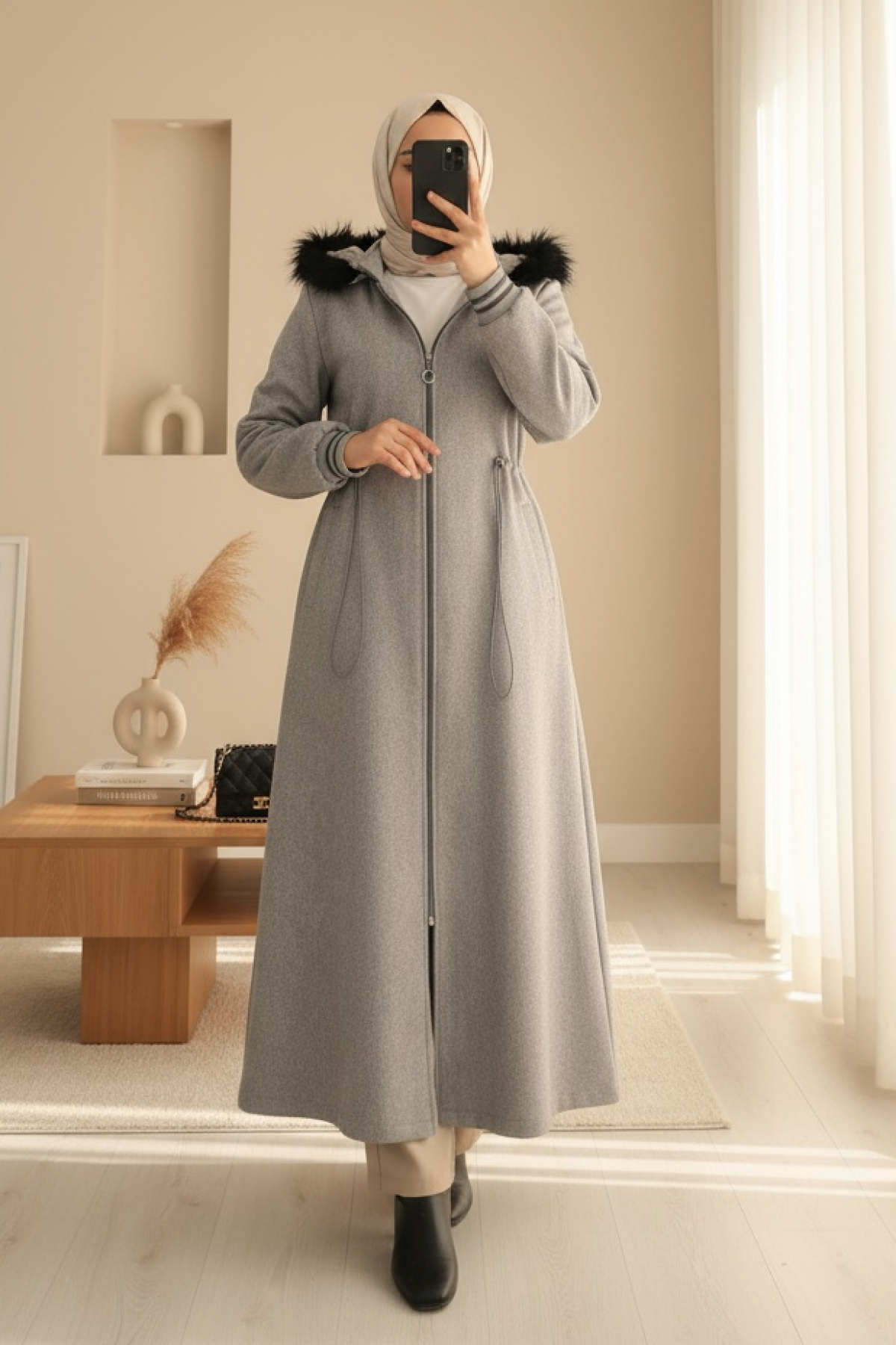 Hooded Elastic Waist Pocket Cashmere Coat -Grey