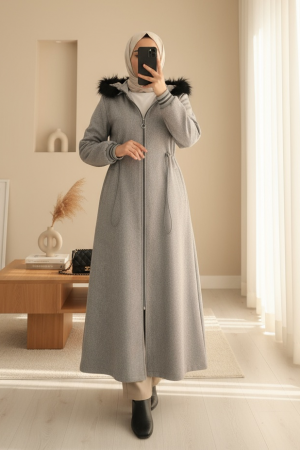 Kapşonlu Beli Lastikli Cepli Kaşe Kaban -Gri