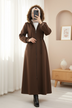 Kapşonlu Beli Lastikli Cepli Kaşe Kaban -Kahve