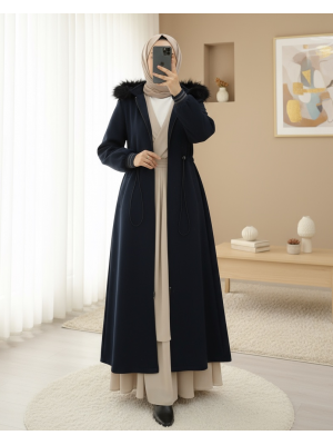 Kapşonlu Beli Lastikli Cepli Kaşe Kaban -Laci