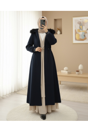 Kapşonlu Beli Lastikli Cepli Kaşe Kaban -Laci