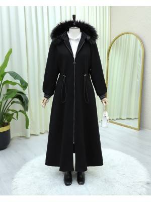 Kapşonlu Beli Lastikli Cepli Kaşe Kaban -Siyah