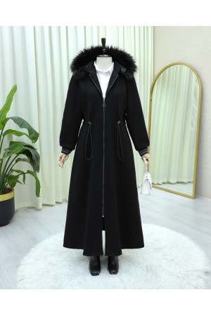 Kapşonlu Beli Lastikli Cepli Kaşe Kaban -Siyah