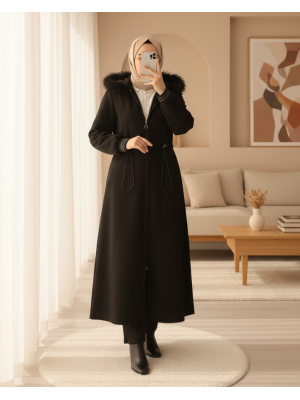 Kapşonlu Beli Lastikli Cepli Kaşe Kaban -Siyah