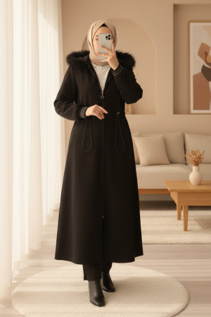 Kapşonlu Beli Lastikli Cepli Kaşe Kaban -Siyah