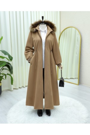 Kapşonlu Beli Lastikli Cepli Kaşe Kaban -Taba