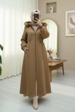 Kapşonlu Beli Lastikli Cepli Kaşe Kaban -Taba