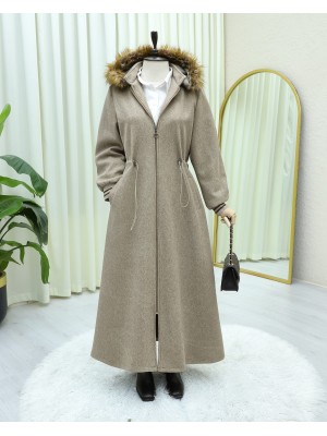 Kapşonlu Beli Lastikli Cepli Kaşe Kaban -Taş