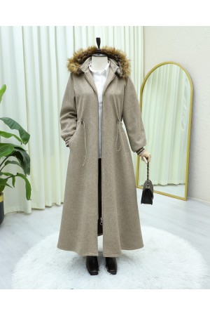 Kapşonlu Beli Lastikli Cepli Kaşe Kaban -Taş