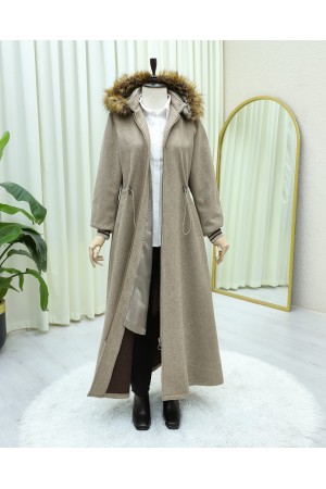 Kapşonlu Beli Lastikli Cepli Kaşe Kaban -Taş