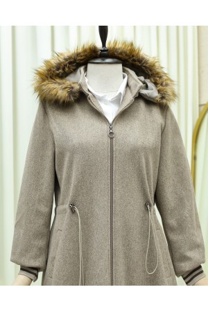 Kapşonlu Beli Lastikli Cepli Kaşe Kaban -Taş