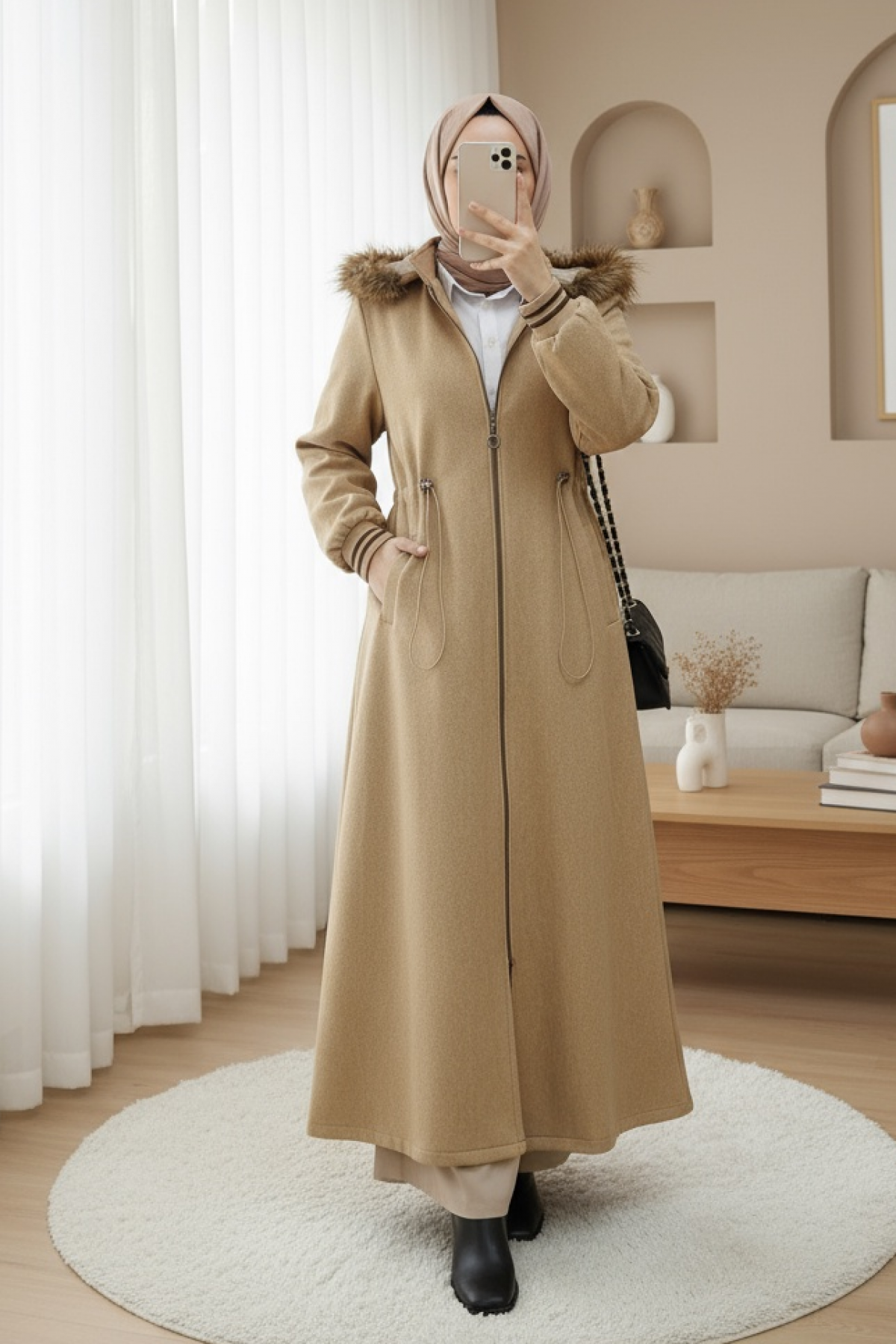 Hooded Elastic Waist Pocket Cashmere Coat -Mink color