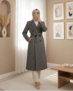 Tek Düğmeli Cepli Kemerli Astarlı Kaşe Kaban -Füme