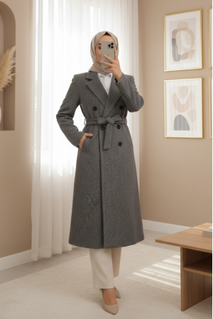 Tek Düğmeli Cepli Kemerli Astarlı Kaşe Kaban -Füme