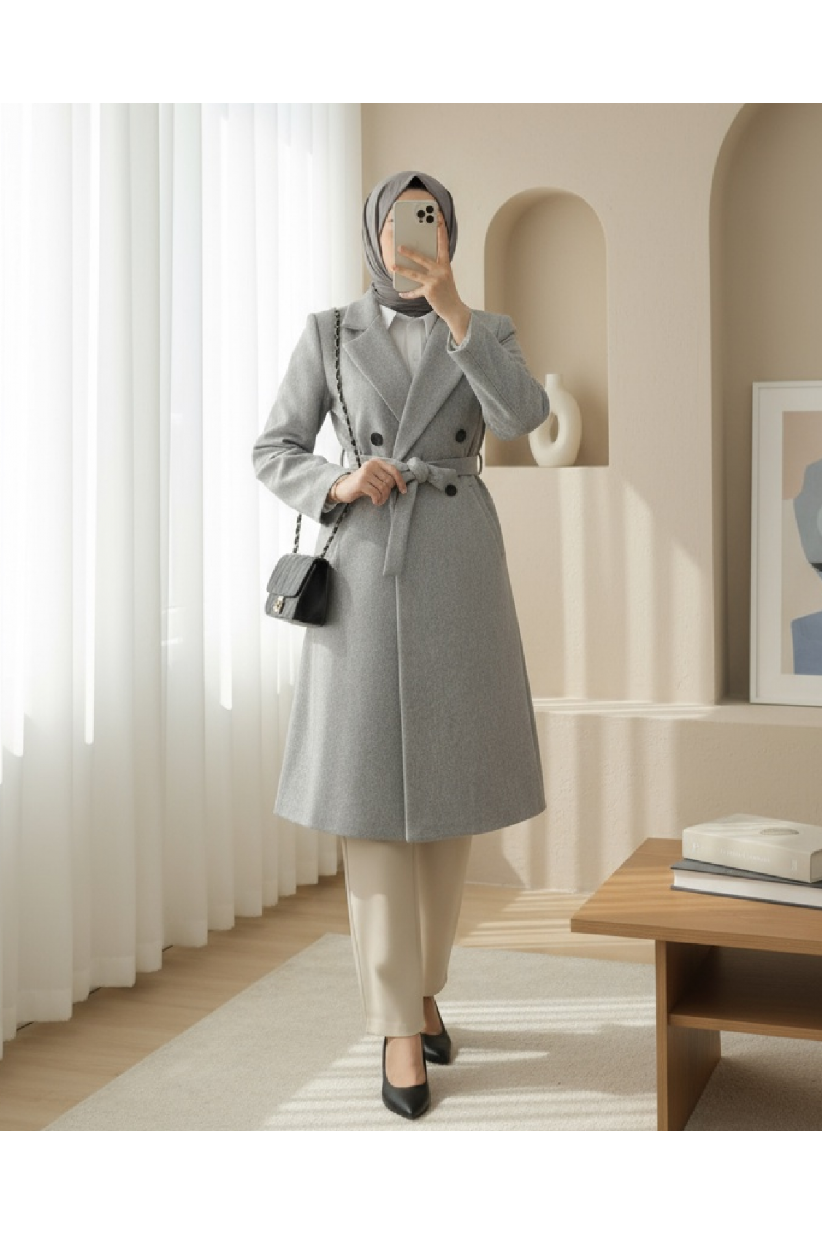 Single-Button, Pocket, Belted, Lined Cashmere Coat -Grey