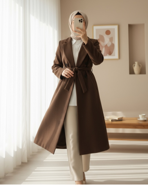 Tek Düğmeli Cepli Kemerli Astarlı Kaşe Kaban -Kahve