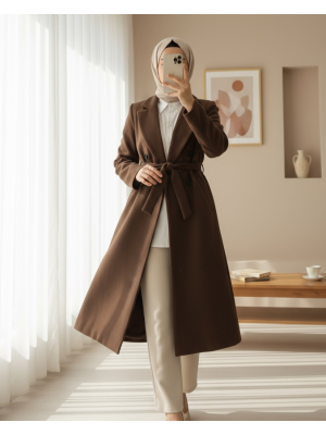 Tek Düğmeli Cepli Kemerli Astarlı Kaşe Kaban -Kahve