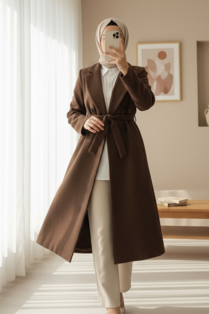 Single-Button, Pocket, Belted, Lined Cashmere Coat -Brown