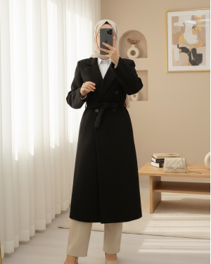 Tek Düğmeli Cepli Kemerli Astarlı Kaşe Kaban -Siyah