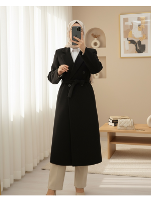 Tek Düğmeli Cepli Kemerli Astarlı Kaşe Kaban -Siyah