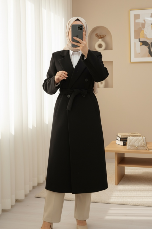Single-Button, Pocket, Belted, Lined Cashmere Coat -Black