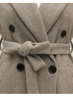 Tek Düğmeli Cepli Kemerli Astarlı Kaşe Kaban -Taş