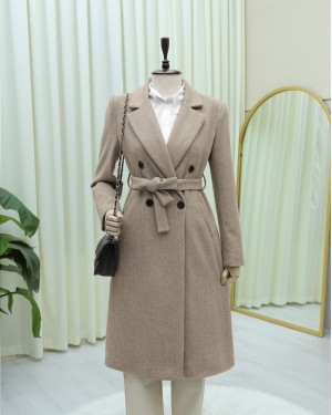 Tek Düğmeli Cepli Kemerli Astarlı Kaşe Kaban -Taş