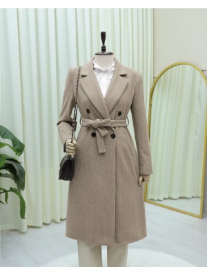 Tek Düğmeli Cepli Kemerli Astarlı Kaşe Kaban -Taş