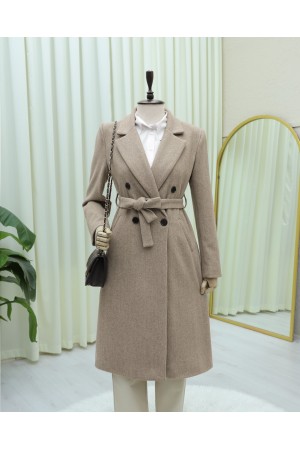 Single-Button, Pocket, Belted, Lined Cashmere Coat -Stone