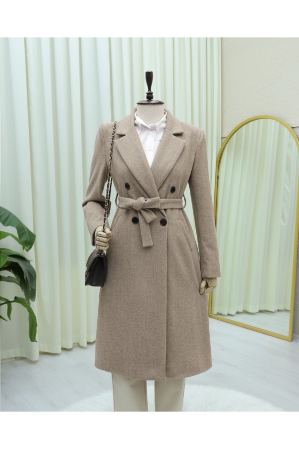 Single-Button, Pocket, Belted, Lined Cashmere Coat -Stone