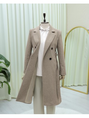 Tek Düğmeli Cepli Kemerli Astarlı Kaşe Kaban -Taş