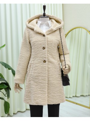 Kapşonlu Düğmeli Astarlı Peluş Kaban  -Açık Vizon