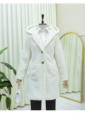 Kapşonlu Düğmeli Astarlı Peluş Kaban  -Ekru