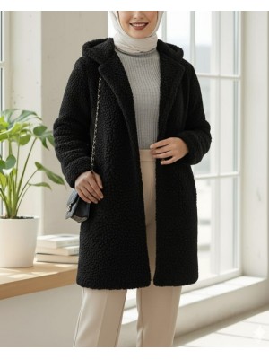 Kapşonlu Düğmeli Astarlı Peluş Kaban  -Siyah
