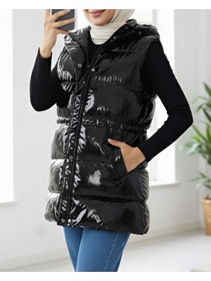 İçi Astarlı Önü Fermuarlı Cepli Rugan Yelek -Siyah