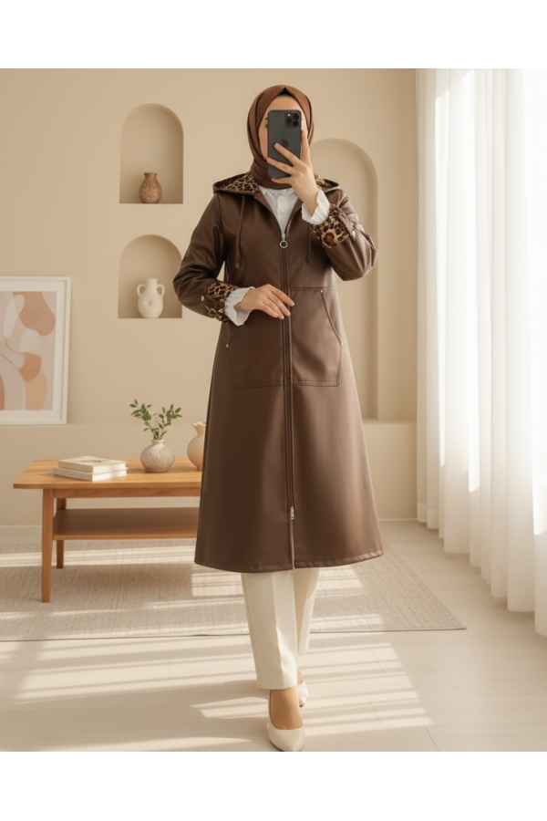 Leather Jacket with Zippered Folding Handle  -Brown