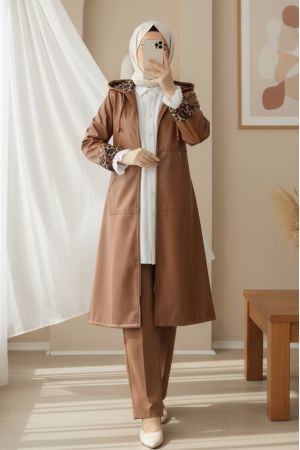 Fermuarlı Kolu Katlamalı Deri Kap  -Taba