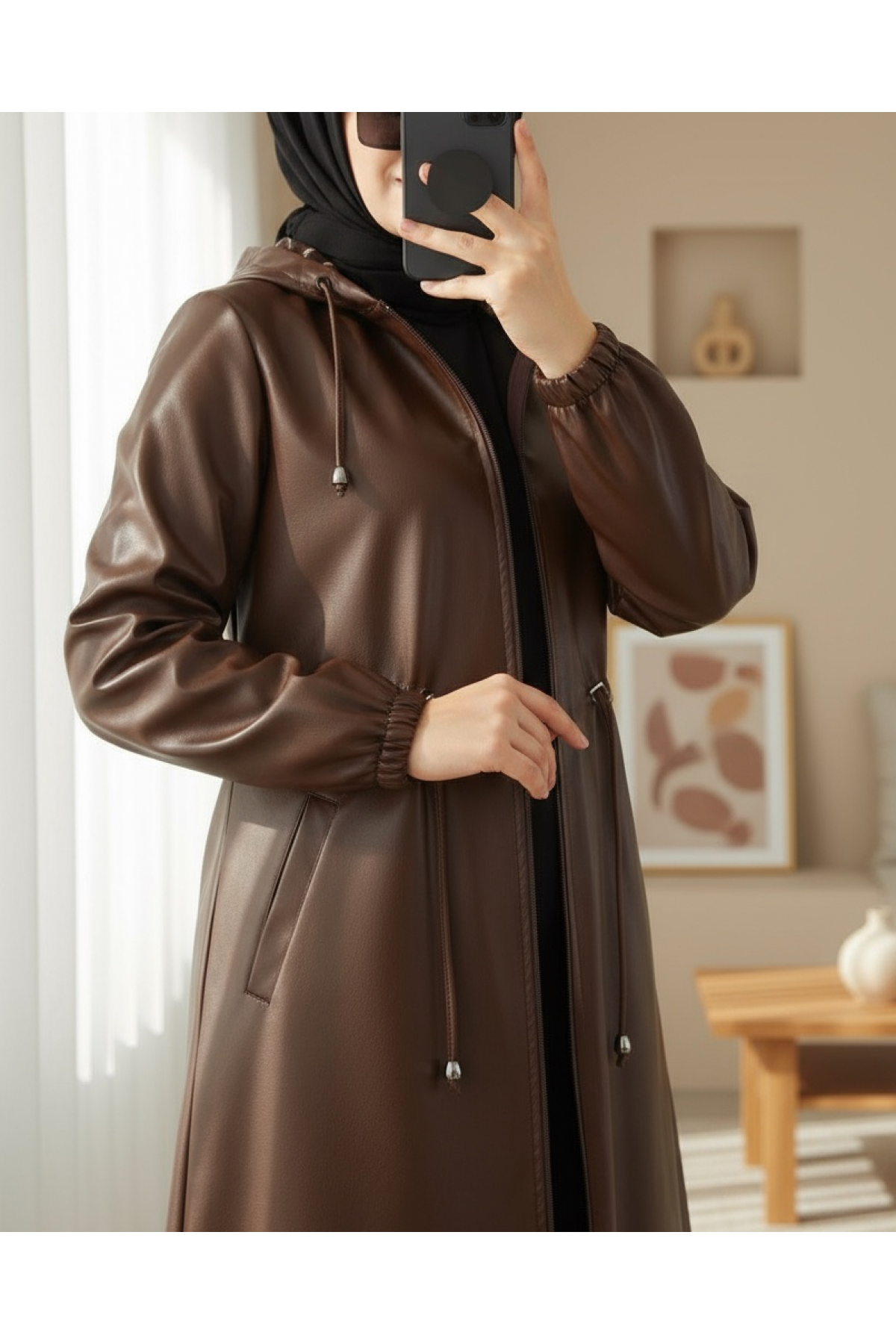 Leather Jacket with Hood, Pocket, Tie-Down Waistband, Elastic Sleeves -Brown
