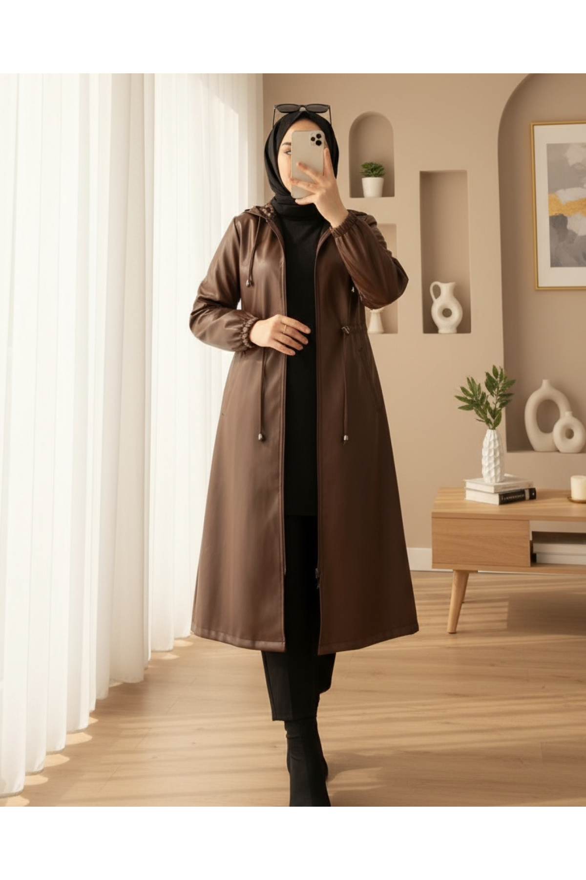 Leather Jacket with Hood, Pocket, Tie-Down Waistband, Elastic Sleeves -Brown