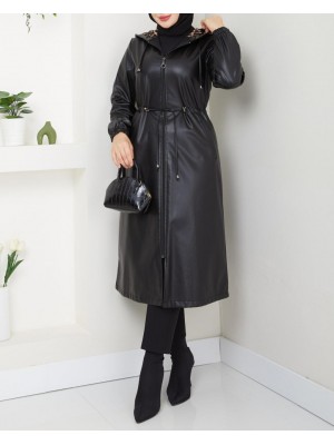 Kapşonlu Cepli Beli Bağcıklı Kolu Lastikli Deri Kap -Siyah