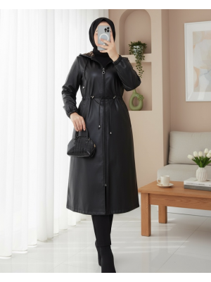 Kapşonlu Cepli Beli Bağcıklı Kolu Lastikli Deri Kap -Siyah