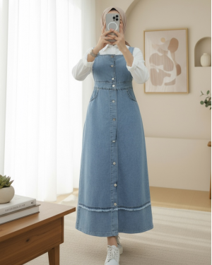 Denim Overalls with Tassel Detail on the Skirt and Buttoned Front and Pockets -Ice Blue