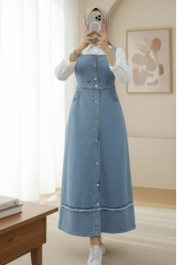 Eteği Püskül Detaylı Önü Düğmeli Cepli Kot Salopet -Buz Mavi