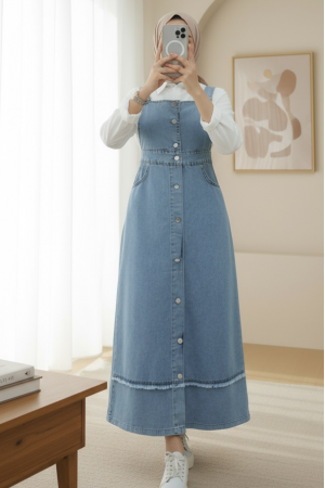 Eteği Püskül Detaylı Önü Düğmeli Cepli Kot Salopet -Buz Mavi