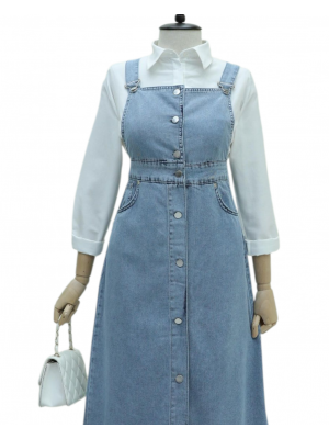 Eteği Püskül Detaylı Önü Düğmeli Cepli Kot Salopet -Buz Mavi