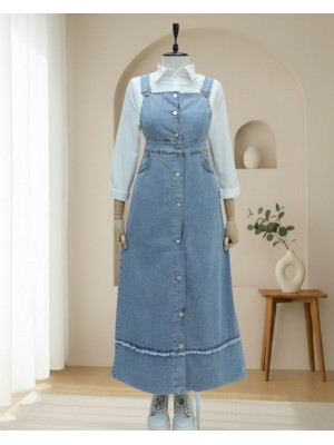 Eteği Püskül Detaylı Önü Düğmeli Cepli Kot Salopet -Buz Mavi