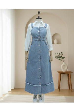 Eteği Püskül Detaylı Önü Düğmeli Cepli Kot Salopet -Buz Mavi