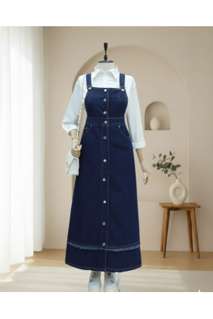 Eteği Püskül Detaylı Önü Düğmeli Cepli Kot Salopet -Laci