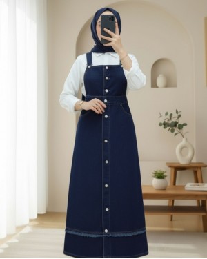 Denim Overalls with Tassel Detail on the Skirt and Buttoned Front and Pockets -Navy blue
