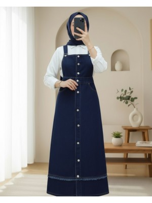 Denim Overalls with Tassel Detail on the Skirt and Buttoned Front and Pockets -Navy blue